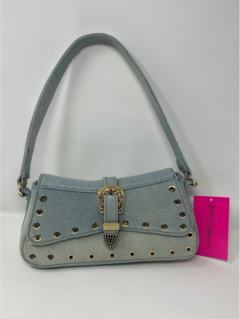 Betsey Johnson Light Blue Denim Shoulder Bag with Gold Studs and Buckle